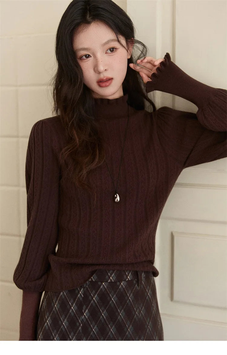 MISHOW Women's Half Turtleneck Ruffle Trim Lantern Sleeve Bottoming Tops 2025 Winter Vertical Rib Slim Knitted Top MXE93Z2810