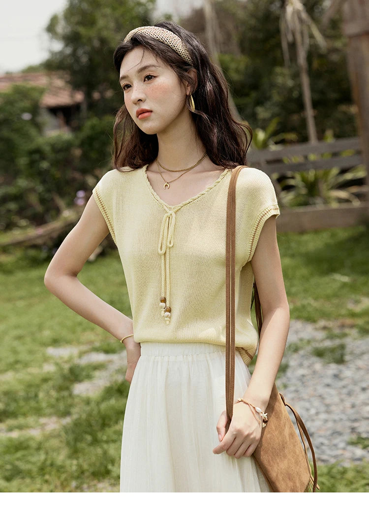 MISHOW Office Lady Summer Knitted Sweater V-neck Short Sleeve Solid Slimming Bead Design Pullover Female Lazy Tops MXE33Z1227