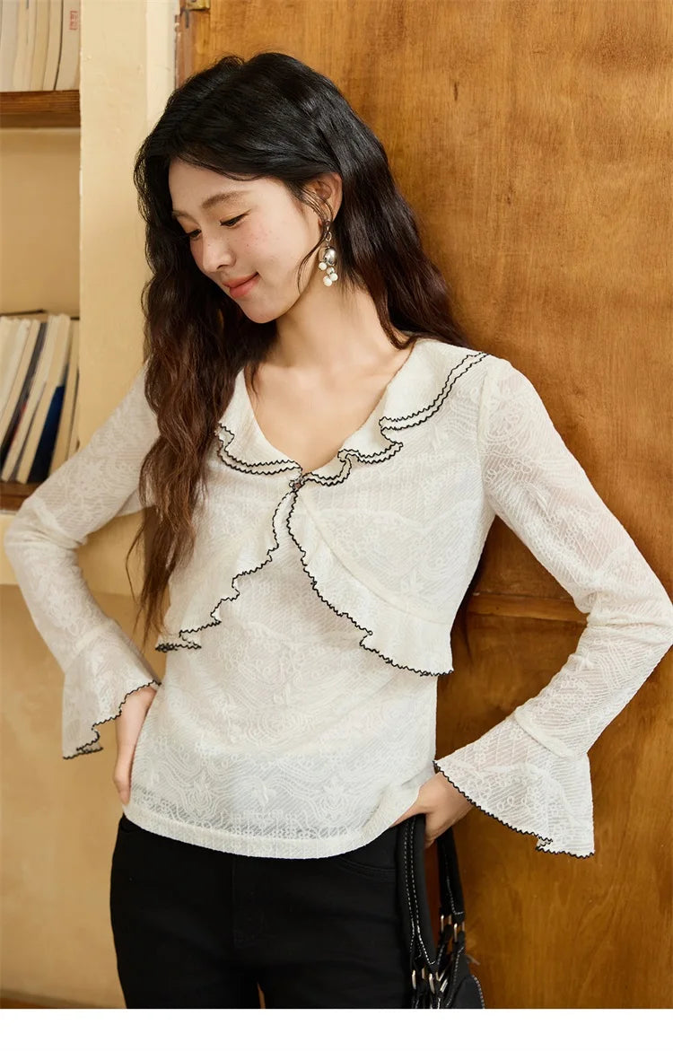 MISHOW Lace Blouse for Women Autumn 2025 V-neck Ruffle Edge Contrasting Embroidery Loose Top Flare Sleeve Blouses MXE45X2483
