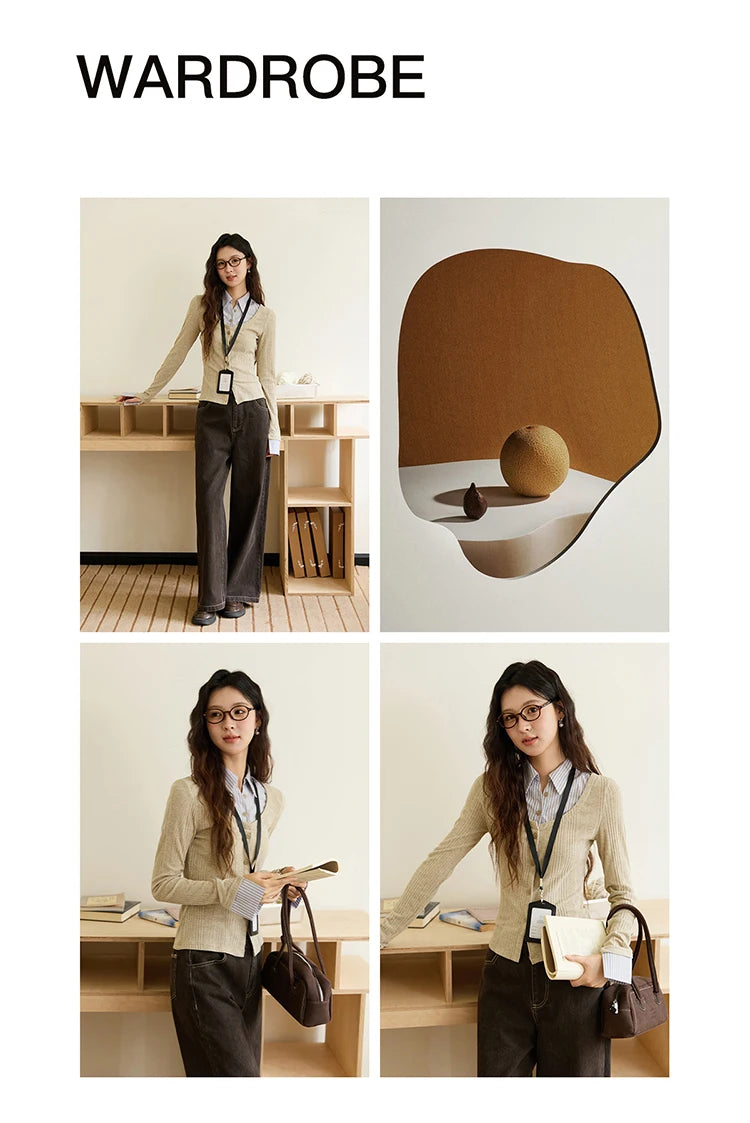 MISHOW Women's Fake Two Knitted Top 2025 Autumn Oat Shirt Collar Splicing Striped Cuffs Thin Sweaters Office Lady MXE46Z2535