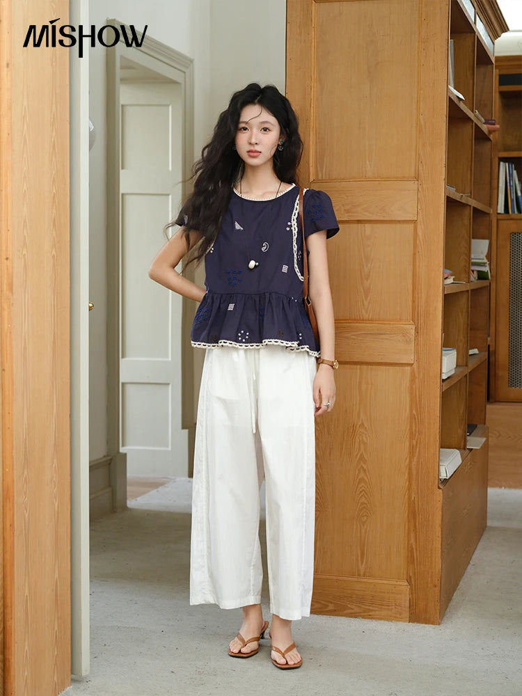 MISHOW Women's O-Neck Spliced Lace Blouse 2025 Summer New Fashion Embroidery Flower Casual Loose Top Ladies Clothing MXE39X1965