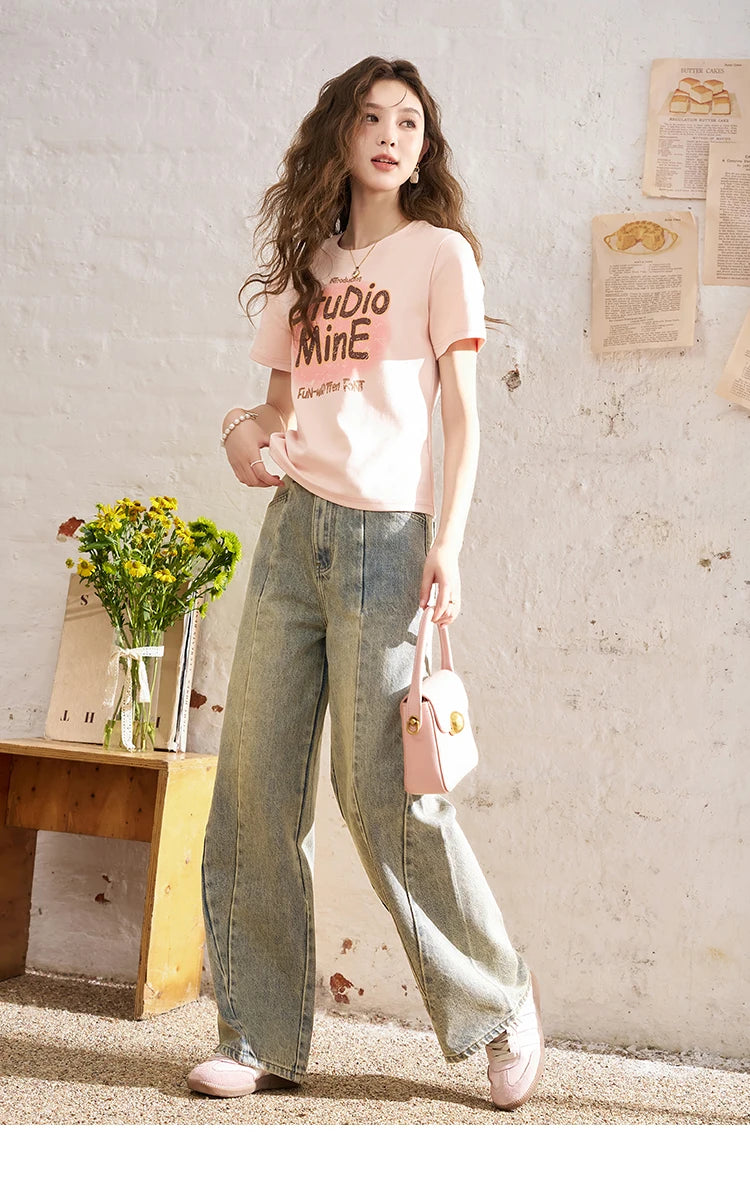 MISHOW Letter Print Short Sleeve T-shirt for Women 2024 Spring Summer New Loose Casual Tshirt Woman Crew Neck Tee Top MXD13T0164