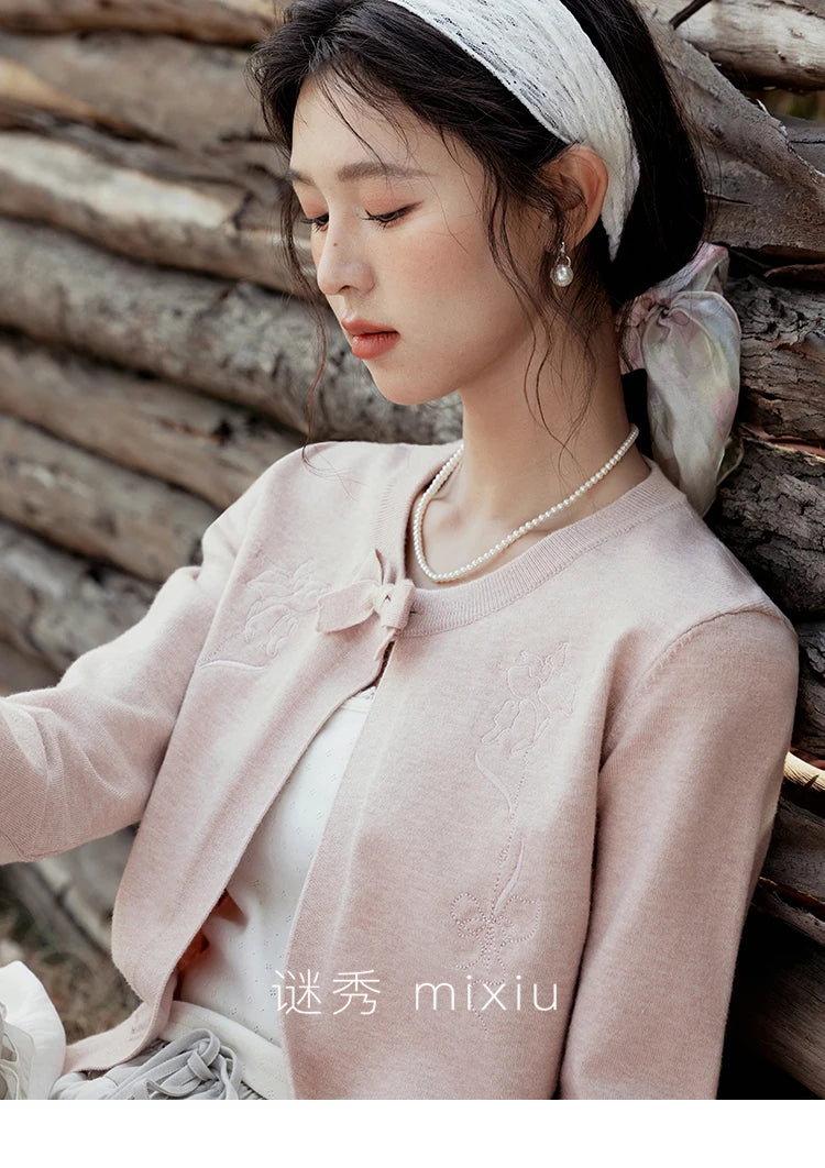 MISHOW Iris Embroidery Round Neck Cardigan for Women Spring 2025 Loose Knitted Thin Bow Design(Not Include Lace Vest) MXE13Z1142