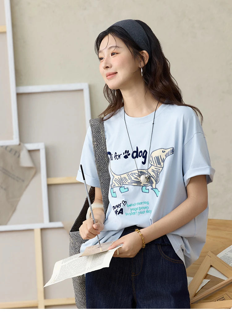 MISHOW Print Summer T-shirts Women 2025 Short Sleeve Round Neck Flocked Puppy Loose Shirt Female Casual Versatile Top MXE33T0542