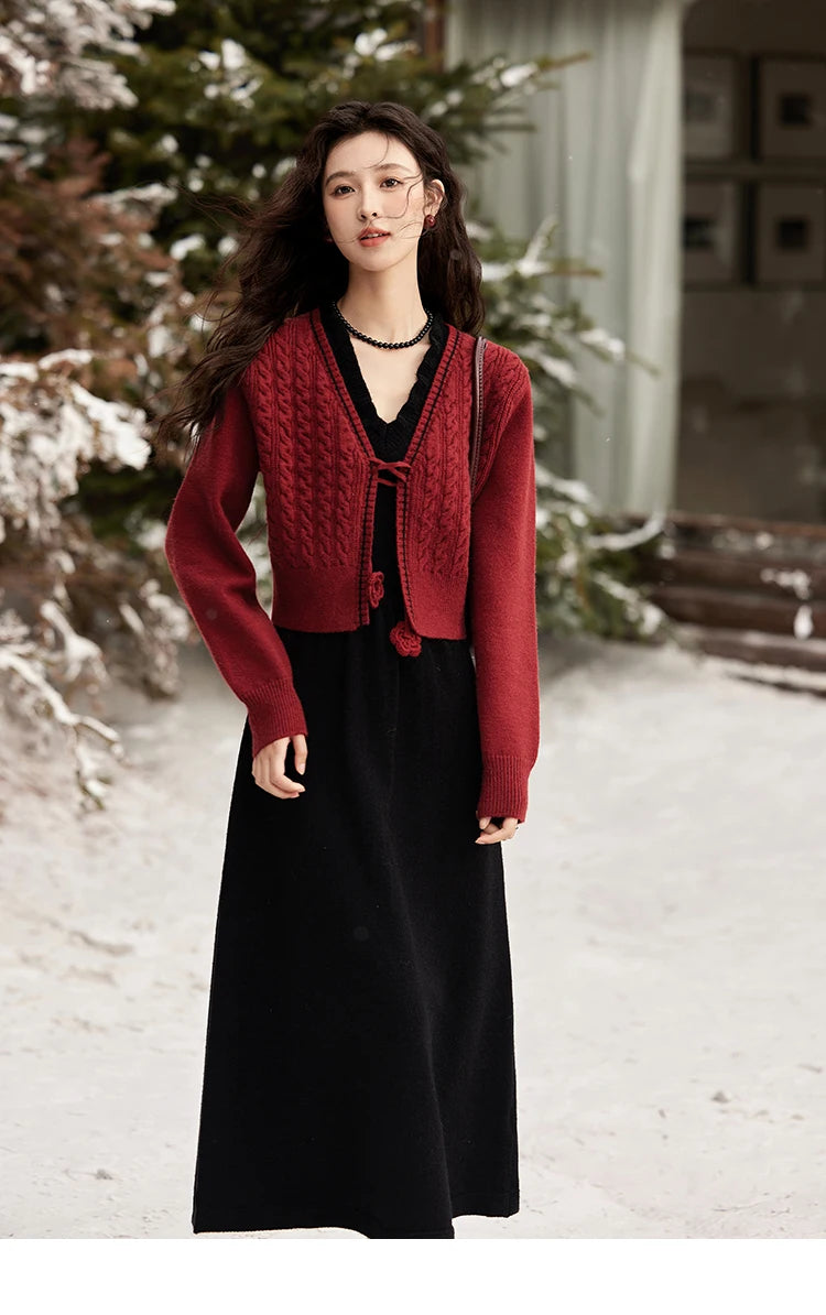 MISHOW Red Knitted Cardigan V-Neck Midi Dresses Separately A-LINE Temperament Grace Dress Flower Lace-up Warm Coat MXD58L2085