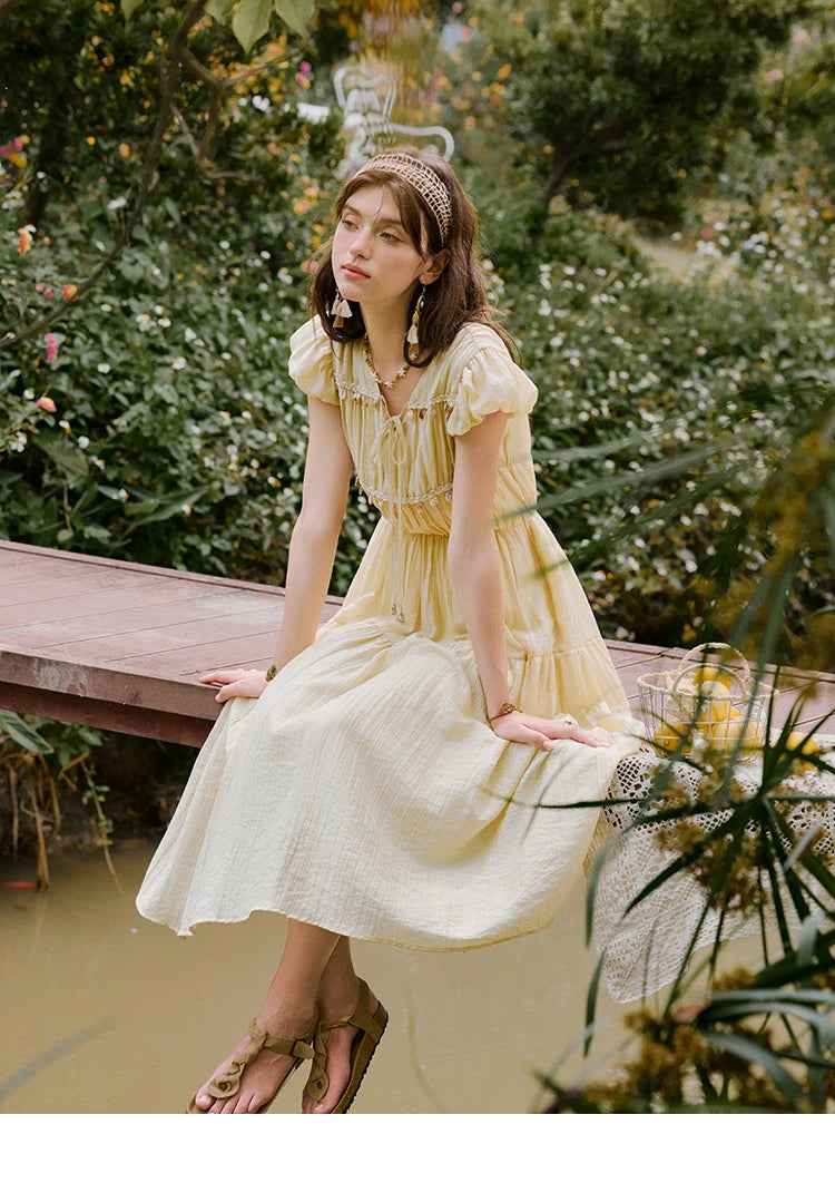 MISHOW Holiday Summer Dresses Women 2025 Solid V-neck Short Puff Sleeve Shell Ribbon High Waist Dress Woman Fashion MXE33L2193