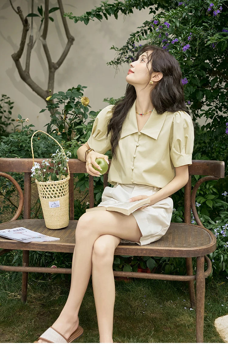 MISHOW Bubble Sleeve V-neck Commuting Shirts for Women 2025 Summer Retro Lapel Neck Short Sleeve Loose Solid Tops MXD28X1471