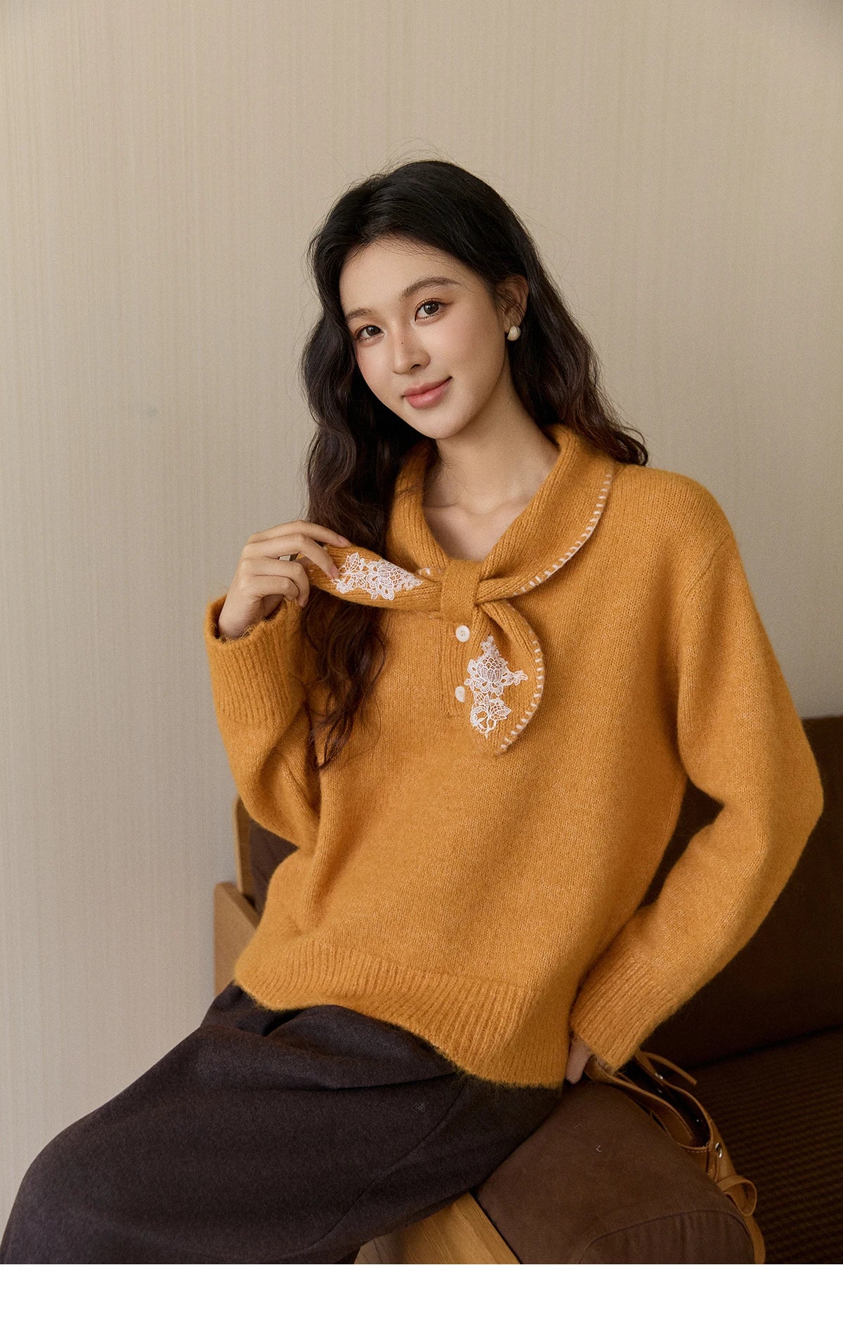 MISHOW Women's Yellow Knitted Sweater 2025 Autumn Winter Bow Collar Splicing Lace Tops Loose Warm Pullover Sweaters MXE94Z2971