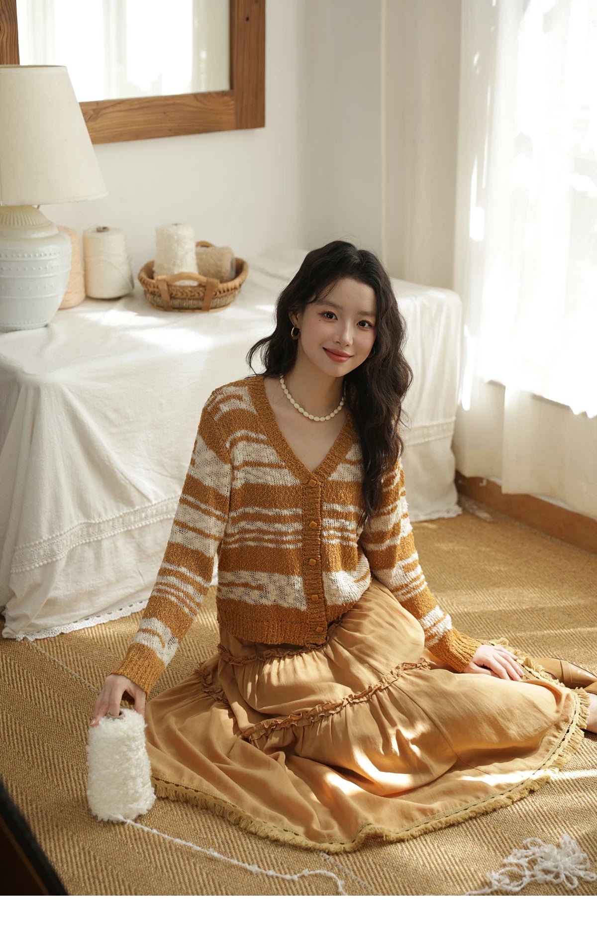 MISHOW Women's Striped Cardigan 2025 Autumn New Retro Yellow V-neck Long Sleeves Single-breasted Short Sweater Coats MXE44Z2516