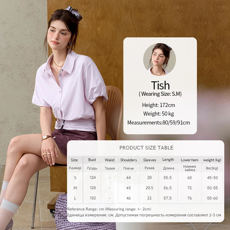MISHWO Office Lady Solid Blouses Women Summer New 2025 Short Sleeve Turn-down Collar Purple Cotton Shirts Female Thin MXE32X1794