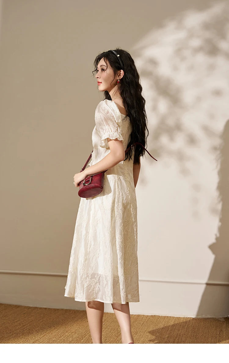 MISHOW Square Neck Vertical Stripe Ruffle Edge Dress 2025 Summer Tea Break French Bubble Sleeve Vacation Long Dresses MXD27L1808