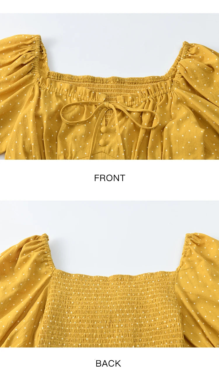 MISHOW Yellow Polka Dot One Shoulder Blouses for Women Summer 2025 Back Elastic Vintage 100 Cotton Top Lace-up Blouse MXE35X1840