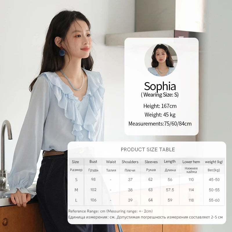 MISHOW Blue Lyocell Ruffled Shirt 2025 Autumn V-neck Flared Sleeves V-neck Shirts Commuting Elegant Versatile Tops MXE41X1969