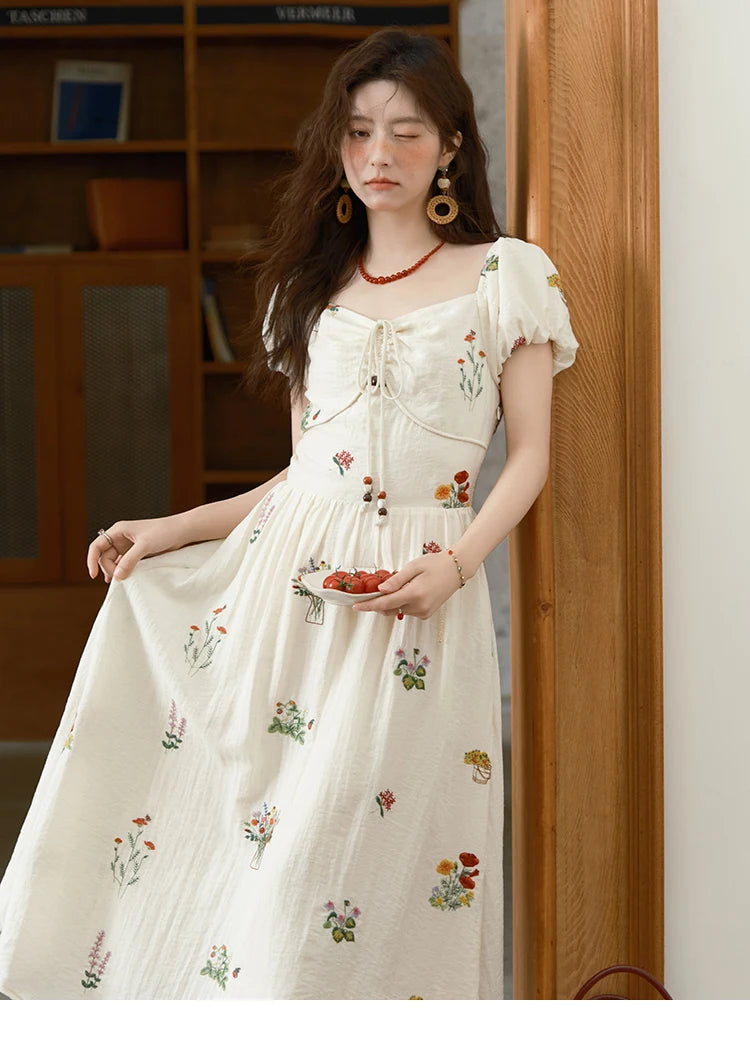 MISHOW Fashion Flower Embroidery Dress for Women Summer 2025 New Square Neck Lace Up Puff Sleeve Large Swing Dresses MXE37L2315