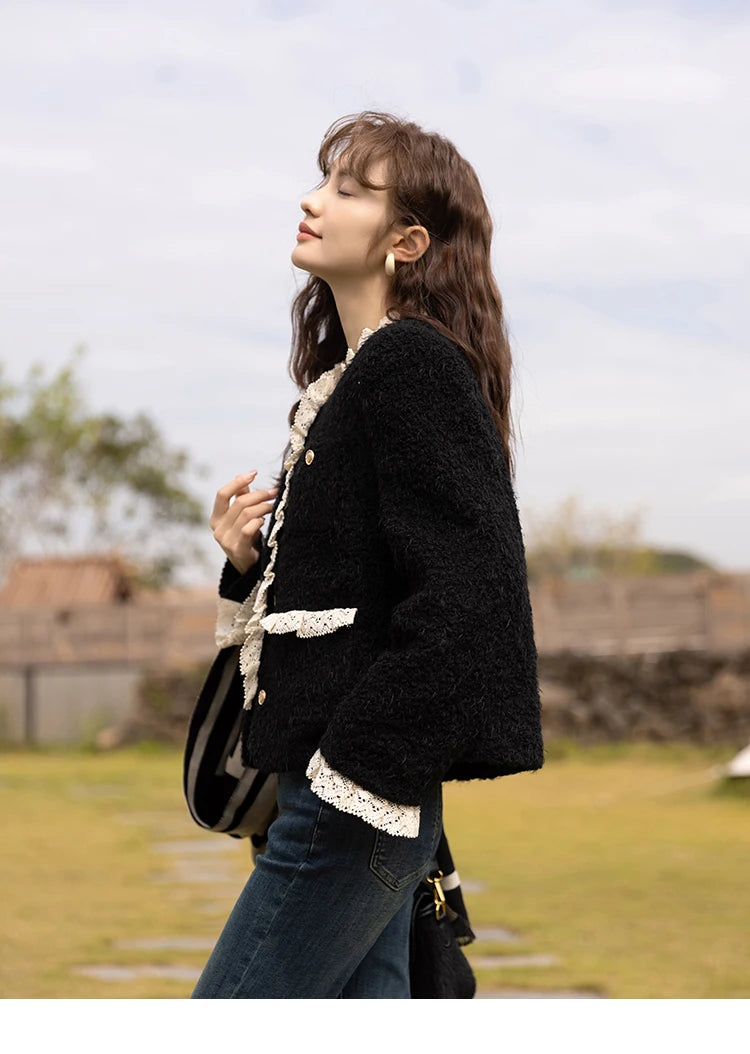 MISHOW Wool Coat for Women Winter Korean Retro Lace Splicing Lamb Wool Button Pockets Thickened Warm Female Coat MXB43W0720