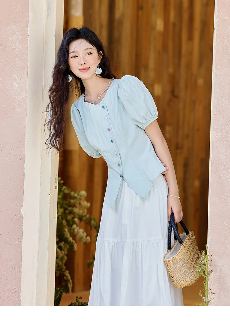 MISHOW Sea Salt White Double Layered Waist Skirt 2025 Summer Flower Bud Skirt Shell Button Versatile A-line Skirts MXE32B0715