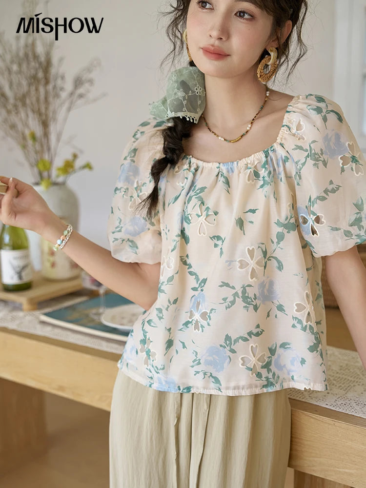 MISHOW Floral Hollow Blouse for Women 2024 Summer Korean Square Collar Elastic Blouses Sweet Puff Sleeve Loose Tops MXD29X1602
