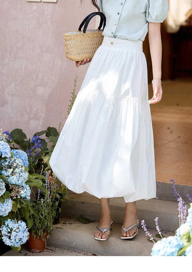 MISHOW Sea Salt White Double Layered Waist Skirt 2025 Summer Flower Bud Skirt Shell Button Versatile A-line Skirts MXE32B0715