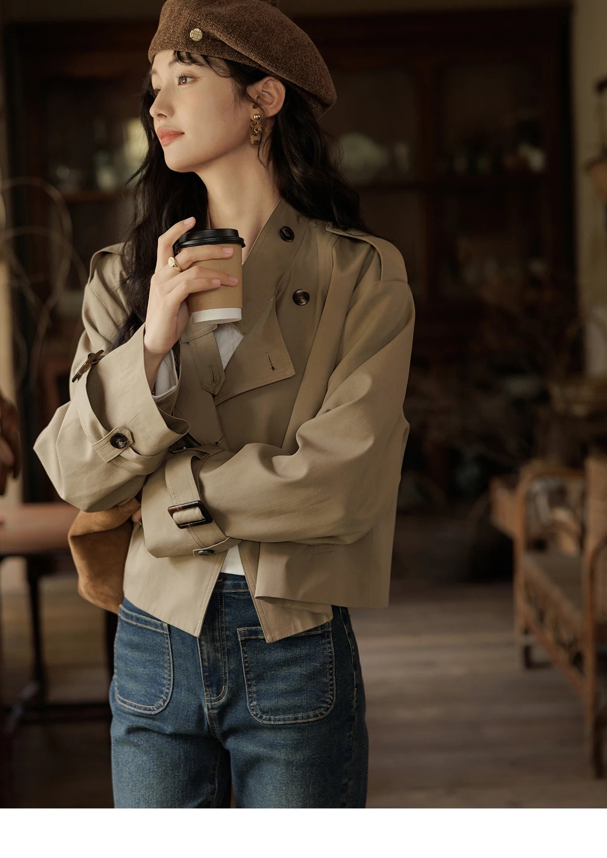 MISHOW Women's Short Fragrant Windbreaker Jacket 2024 Autumn Korean Stand Collar Double Row Placke Trench Streetwear MXD42W0386