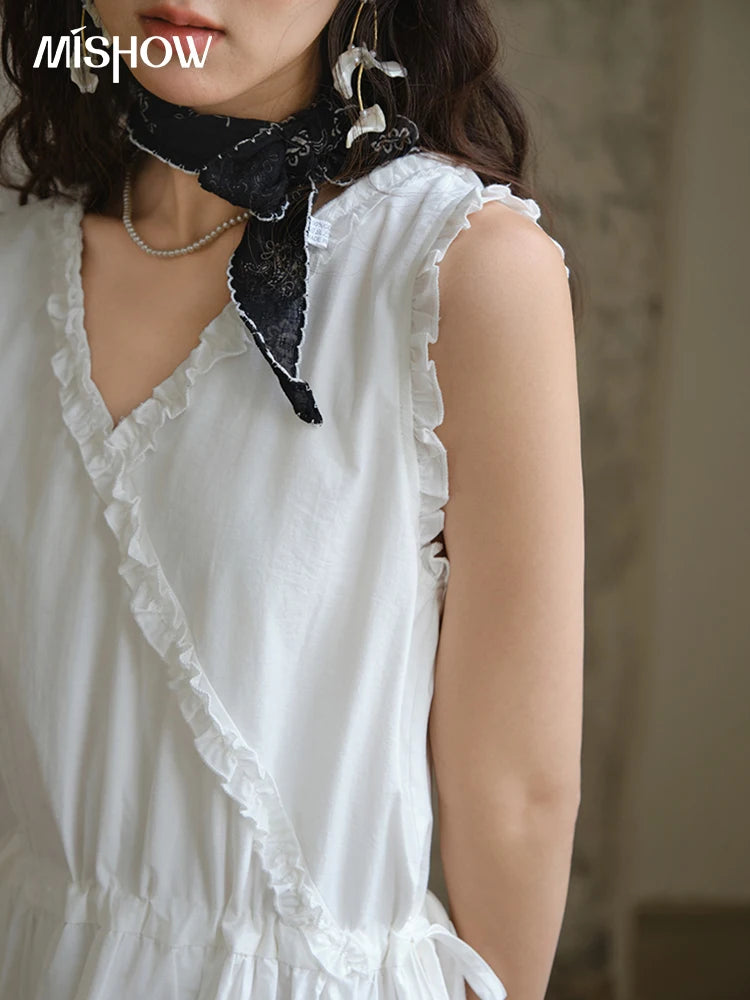 MISHOW Sleeveless Dress for Women Summer 2025 Drawstring Waist Simple Fashion Lace V-neck Dresses Female Clothing MXE37L2331