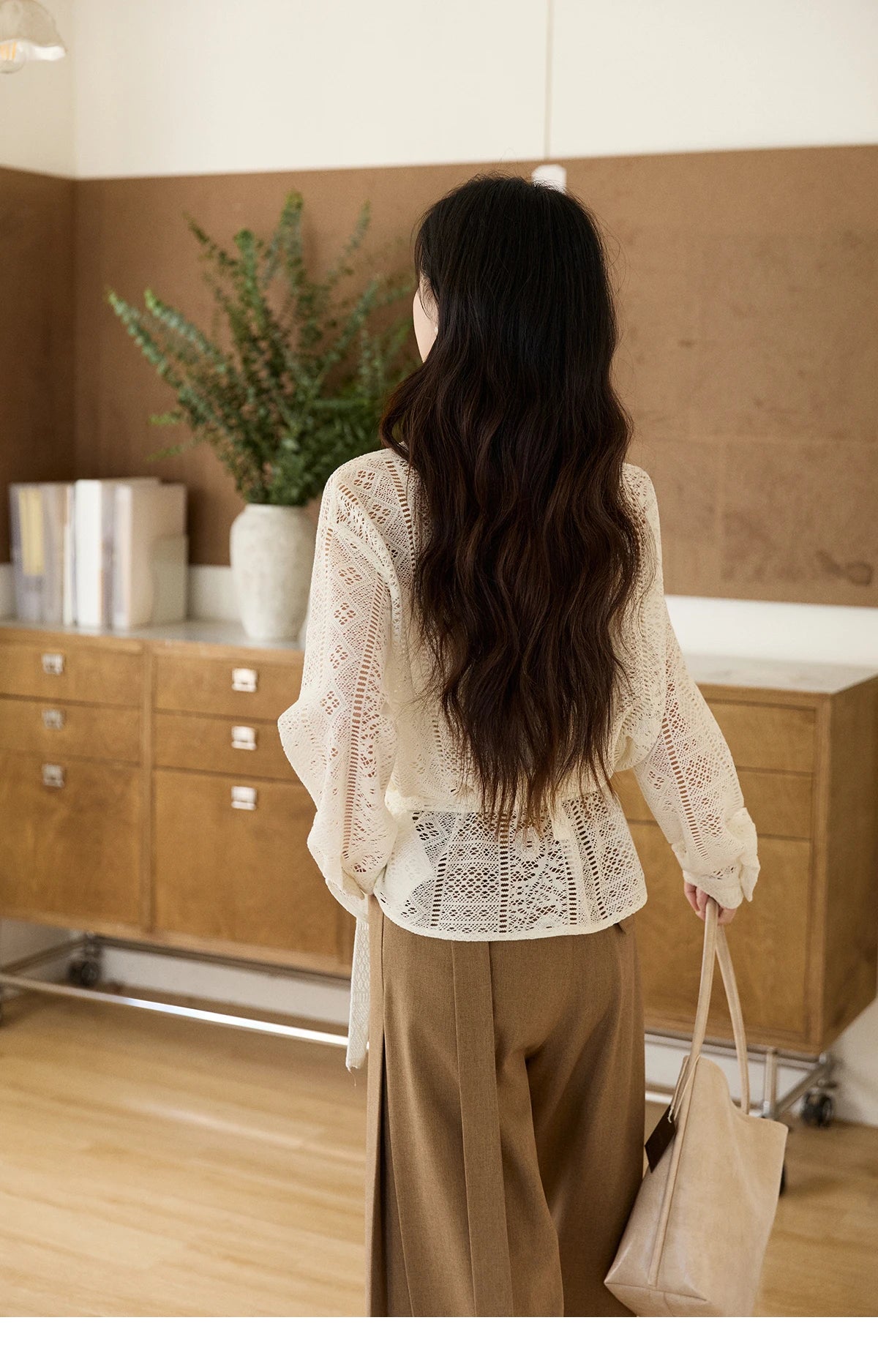 MISHOW Women's Hollow-out Lace Shirt Camisole Set 2026 Spring Lapel Drawstring Waist Sheer Casual Two-Piece Knitwear MXF108C0816