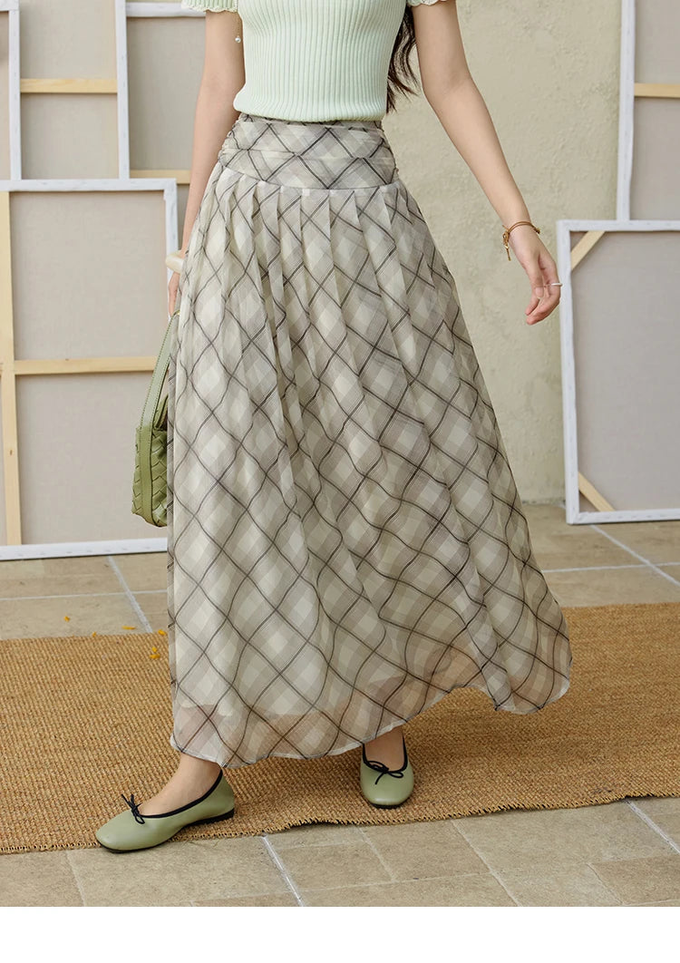 MISHOW Apricot Green Retro Plaid Skirt for Women Summer 2025 Pleated Chiffon High Waist Elegant Slim A-line Skirts MXE35B0747