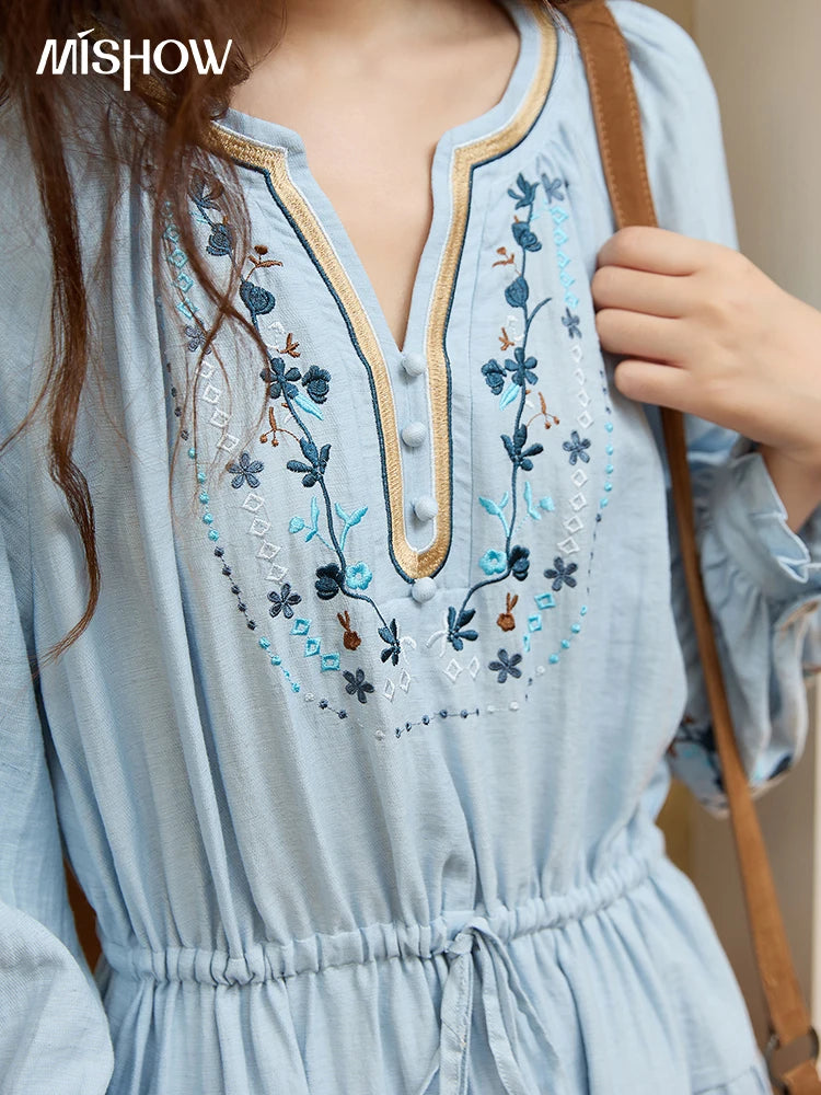 MISHOW Woman Long Sleeve Dress Autumn Elegant V-neck Embroidered Drawstring Waist Dress A-line Bohemian Midi Dresses MXE44L2489