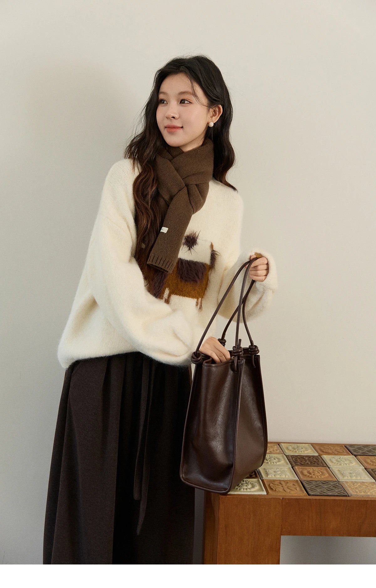 MISHOW Women's Solid Knitted Sweater 2025 Autumn Winter Dog Pattern Jacquard Crew Neck Fluffy Warm Loose Pullover Top MXE94Z2988