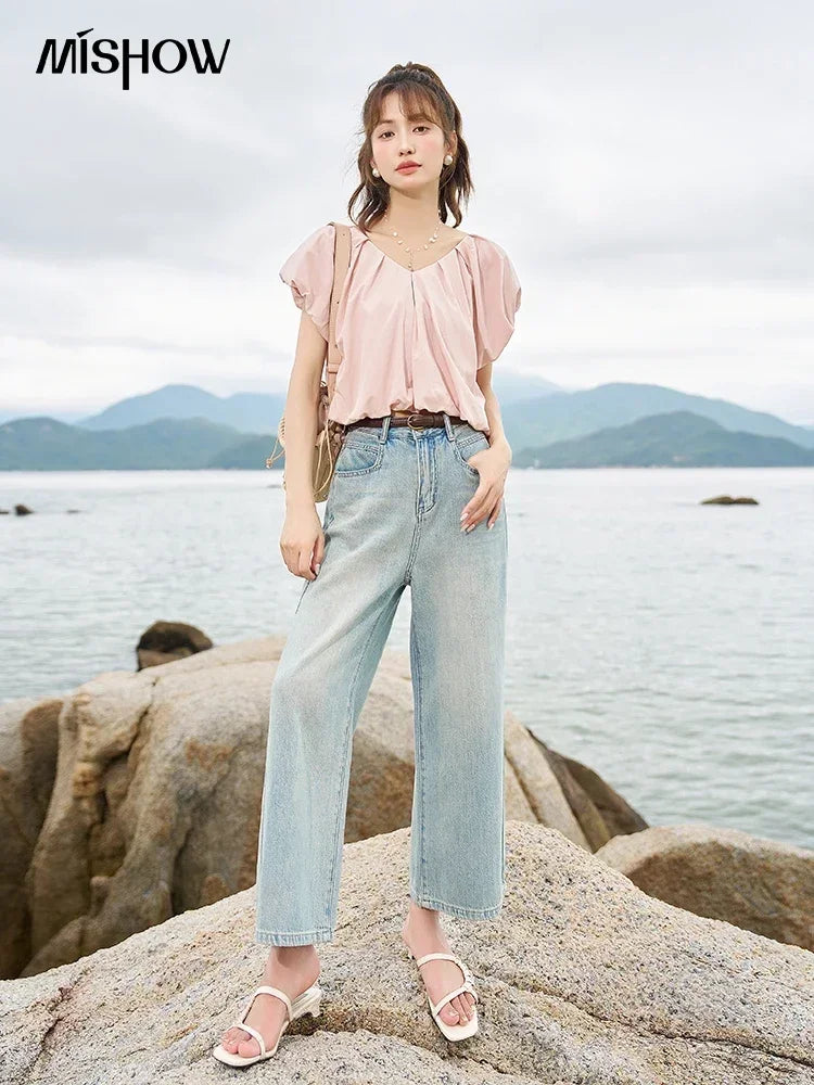 MISHOW Soft Blouses for Women 2025 Summer French Rear Collar Tie Up Solid Short Sleeve Solid V Neck Puff Sleeve Tops MXC38X1275