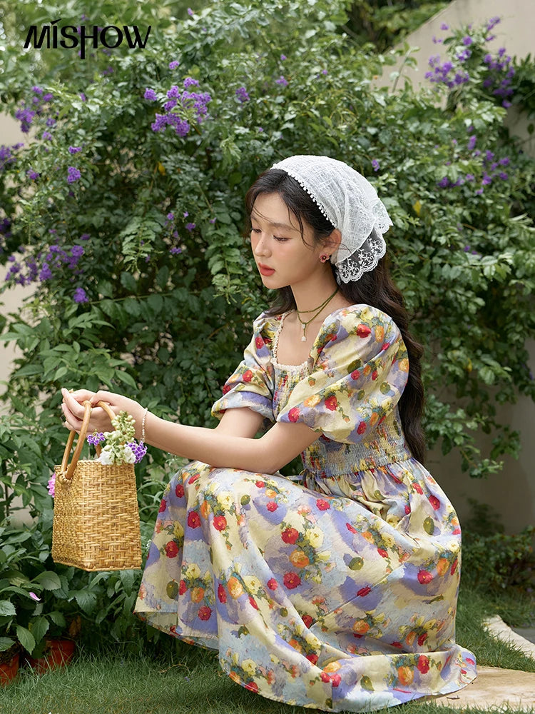 MISHOW Floral Smocked Midi Dresses for Women 2025 Summer Puff Short Sleeve Beach Vacation Beach French Retro Dress MXD24L1905
