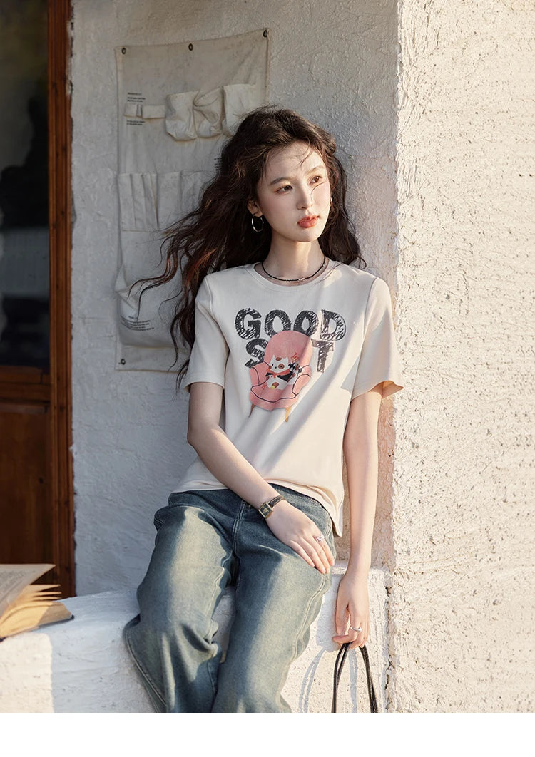 MISHOW Printed Cotton T-shirts for Women Spring 2025 Loose Slim Short Round Neck Tees Versatile Soft Casual Tops MXE13T0461