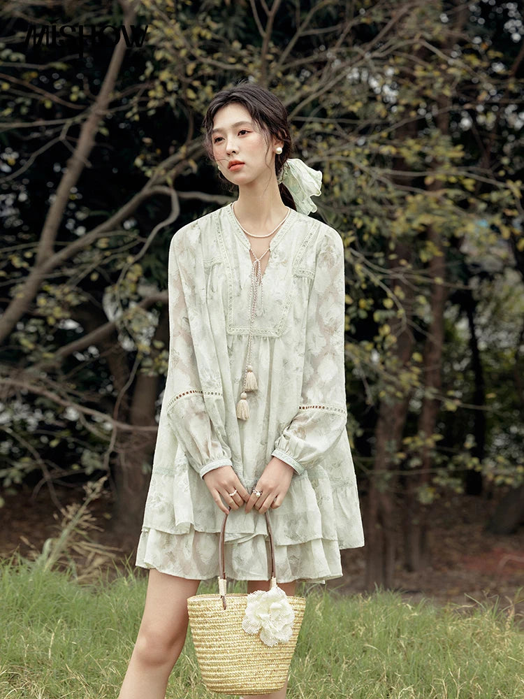 MISHOW Floral V-neck Drawn Tassels Dresses 2025 Spring Summer Hollow Out Lantern Sleeve Dresses Vacation Doll Dress MXE15L2121