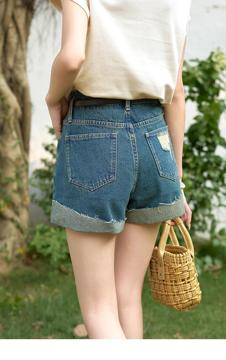 MISHOW Denim Shorts Cotton Elastic for Women 2024 Summer Korean High Waist Curled Edge Pants Casual Slim Short Pants MXD30K0659