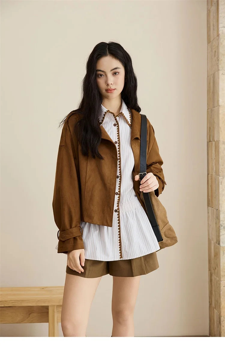 MISHOW Vintage Suede Short Jacket Brown Lapel Zipper MXE45W0869
