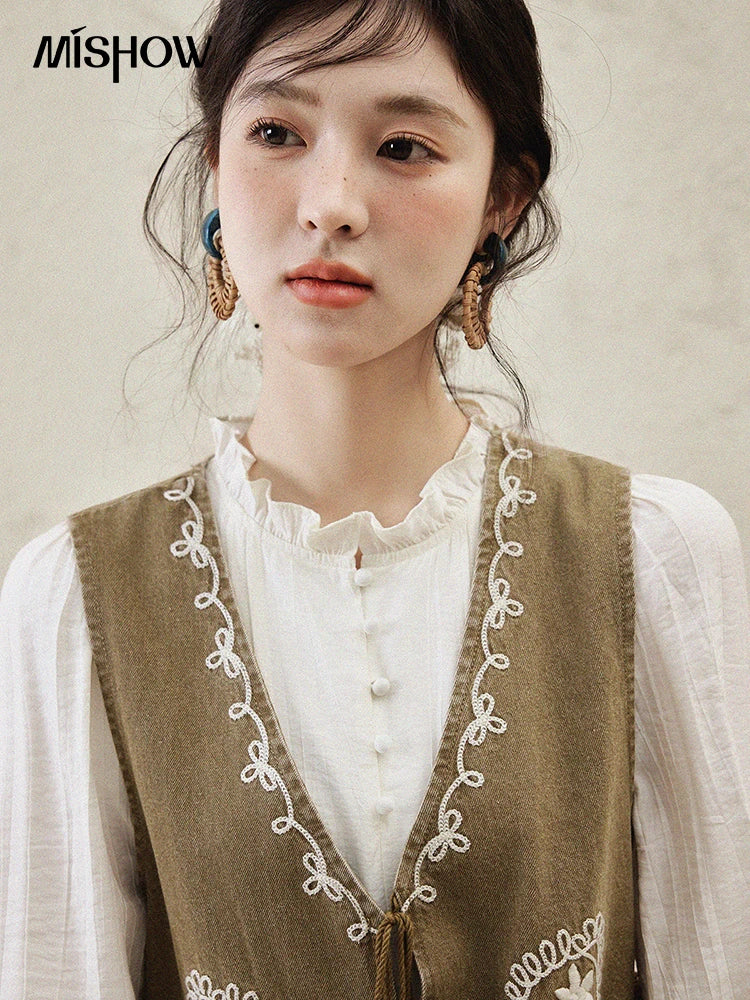 MISHOW Spring Elegant Vests Dress Separately Women 2025 Solid Long Puff Sleeve Midi Dresses Print Denim Vest Fashion MXE16L2197