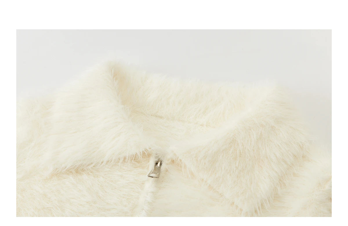 MISHOW Women's White Faux Fur Knit Cardigan 2025 Autumn Winter Fake Two-Piece Zipper Lapel Collar Warm Soft Outerwear MXE94Z2992