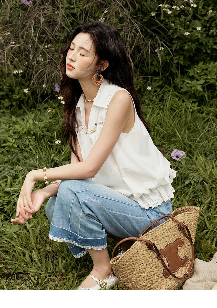 MISHOW Office Lady New Blouse Women Summer New Sleeveless Turn-down Collar Hollow Lace Shirts Female Slimming Fashion MXE31X1760