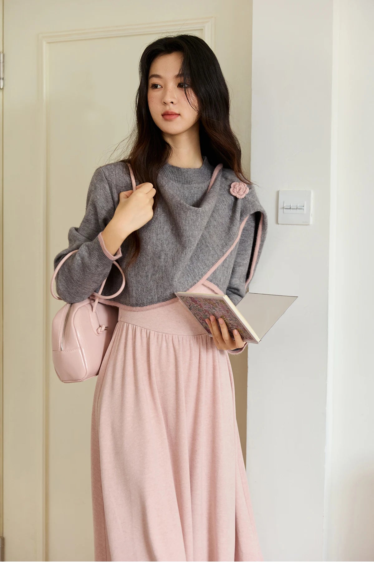 MISHOW Women's Knitted Suit 2025 Autumn Sweet Style Irregular Round Neck Top Pink Suspender Dress Slim Two-piece SuitMXE49T1397