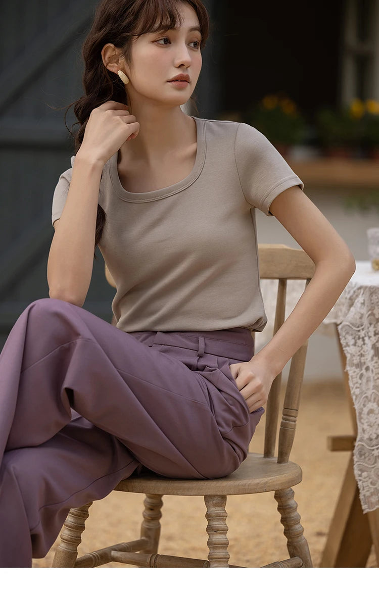 MISHOW Short Sleeve T-shirts Women Spring Solid Square-neck Top Elegant Woman Clothes Office Lady Cotton Tees MXC12T0641