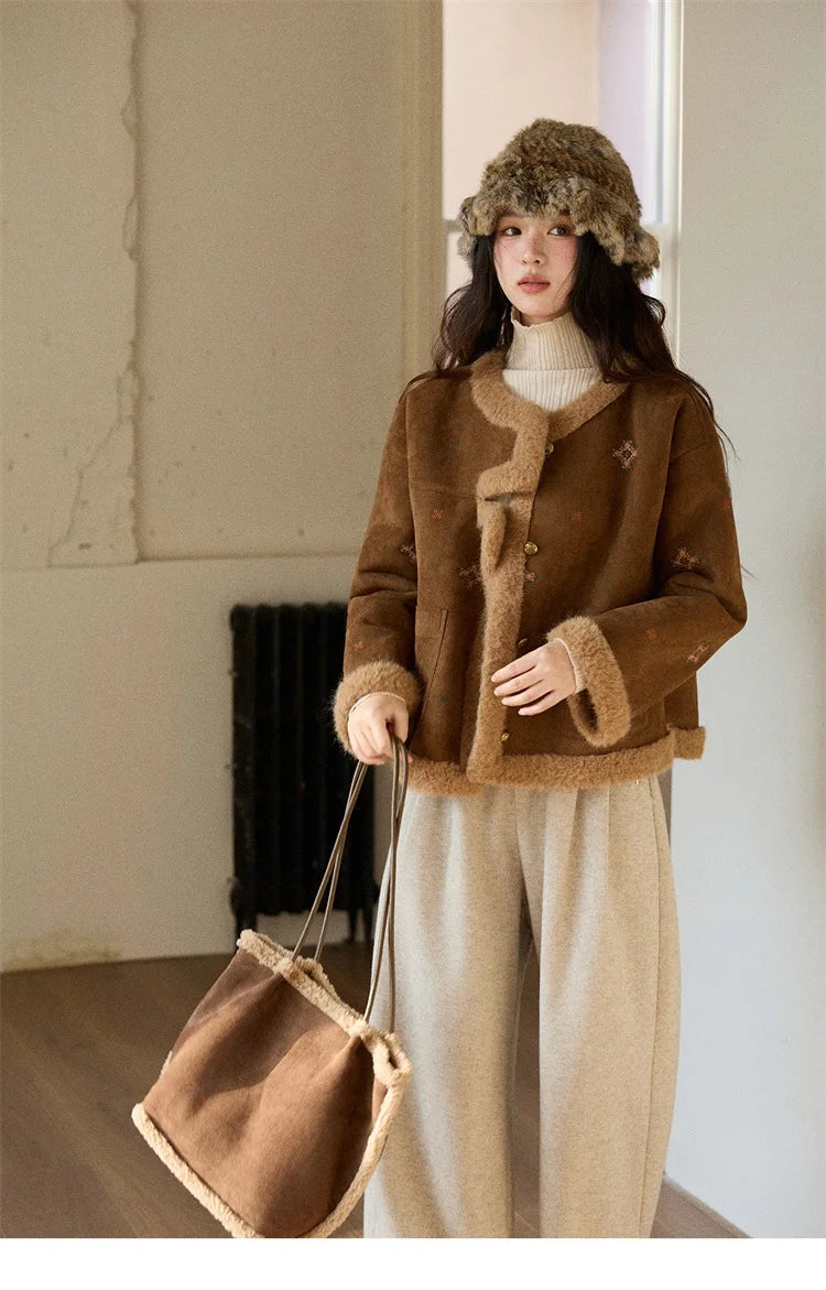 MISHOW Women Brown Jacket 2025 Winter Retro Stand Collar Single-Breasted Windproof Coat Comfortable Long-Sleeve Coat MXE86W0910