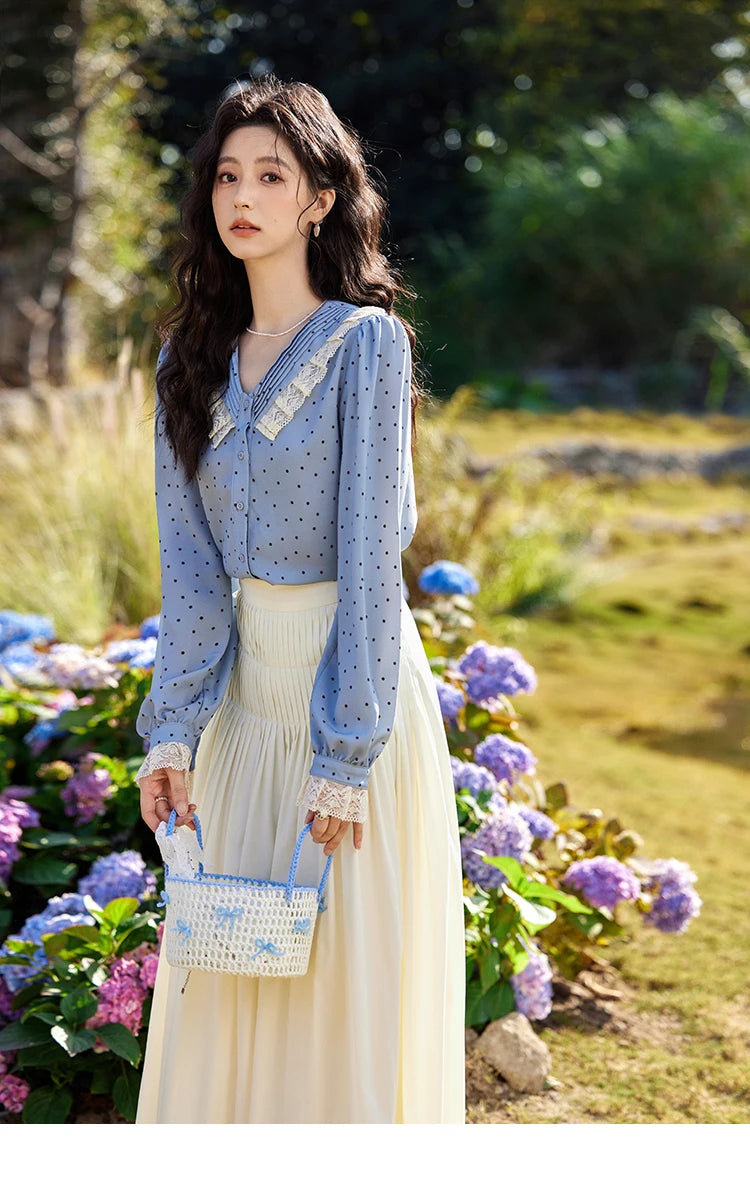 MISHOW Lace Patchwork Polka Dot Shirt for Women Spring 2025 French V-neck Shirt Cuff Splic with Hollowed Out Lace Top MXE12X1707