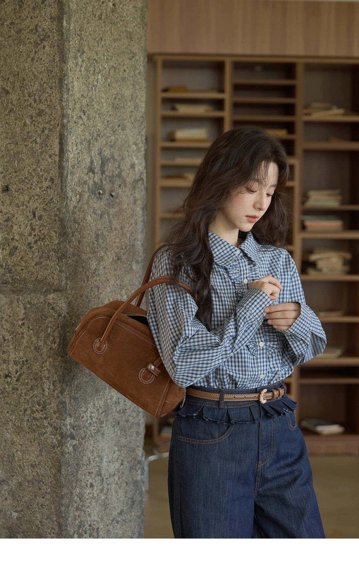 MISHOW Autumn Blue Plaid 100 Cotton Shirts 2025 Doll Collar Dropped Shoulder Sleeves Casual Top Retro Commuter Shirt MXE44C2391