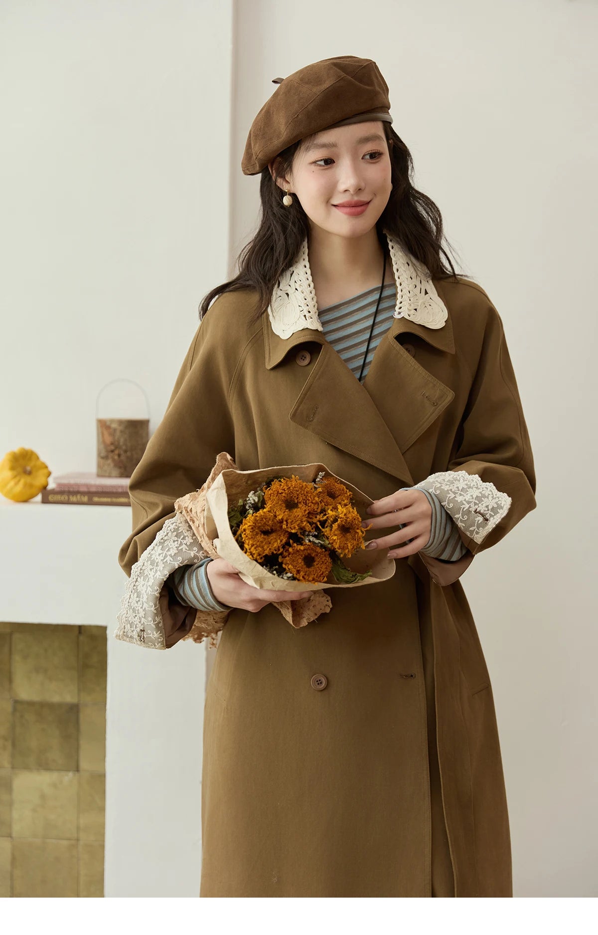 MISHOW Trench Coat Women 2025 Autumn Fashion Light Khaki Lace Long Windbreaker Jacket Long-sleeved Coat with Belt MXE45W0830