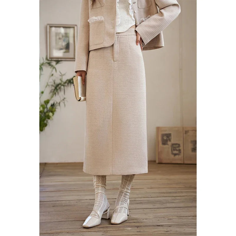 MISHOW French Fragrant Coat Solid Skirt Separately 2025 Spring Collar Pocket Splicing Lace Top Hem Split Back Skirt MXD12W0274