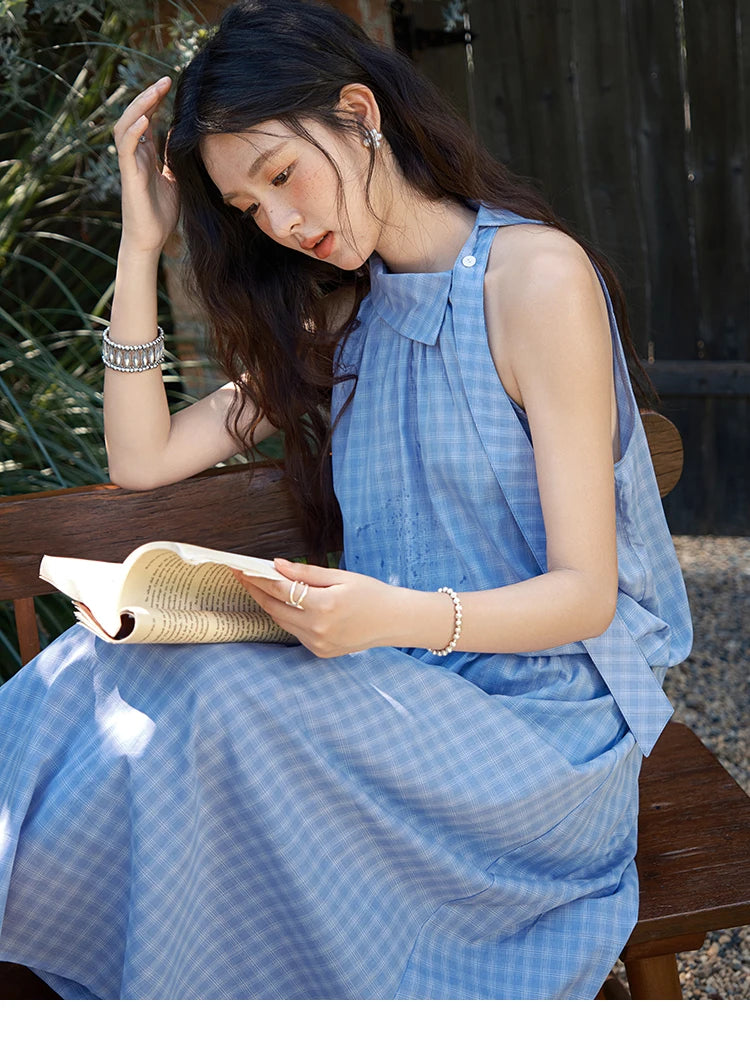 MISHOW Women's 2 Piece Set 2025 Summer Female Vacation Fashion Plaid Hanging Neck Button Top A-line Half Skirt Set MXE39T0711