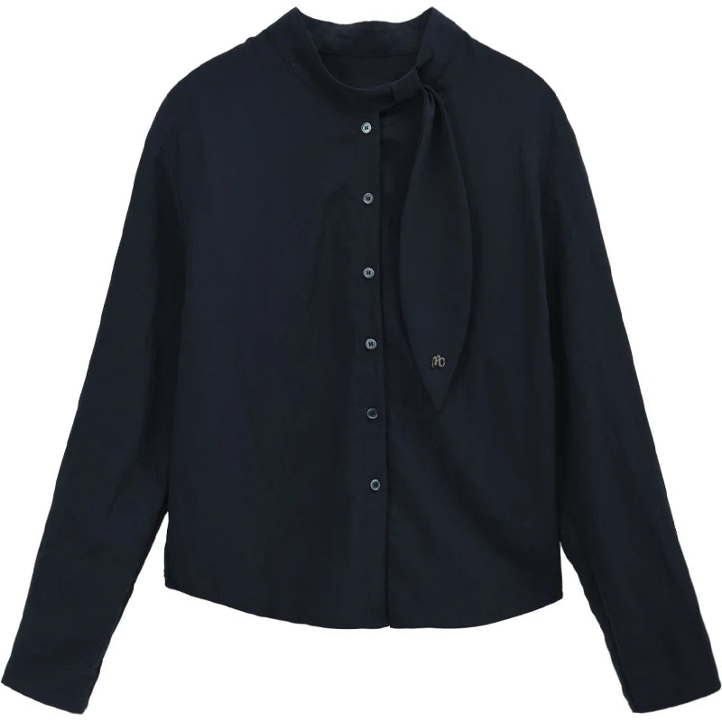 MISHOW Woman Shirt Set 2025 Autumn Fashion New Navy Blue Ribbon Design Layered Shirt Knit Camisole Two-piece Suit MXE47T1412