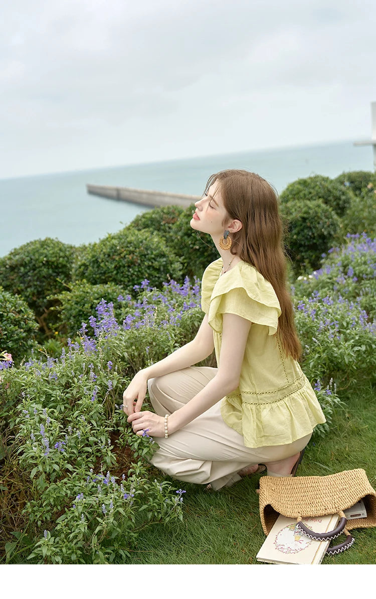 MISHOW Korean Lace Hollowed Out Flying Sleeve Blouse for Women 2024 Summer Square Neck Doll Shirt Casual Top MXD30X1574