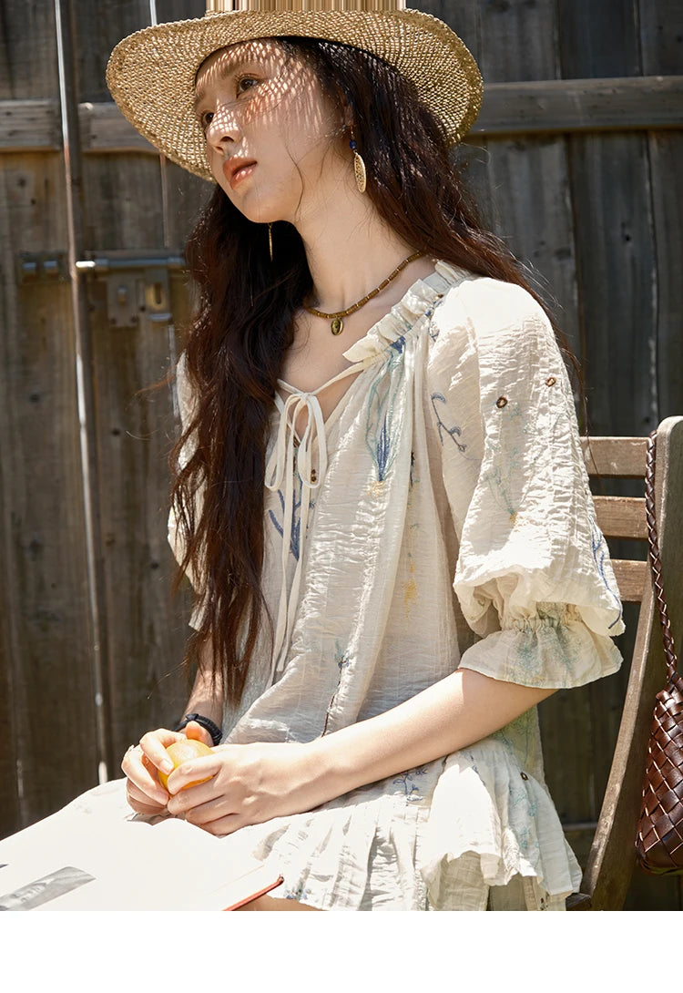MISHOW Women's V-neck Lace Up Blouse 2025 Summer New Fashion Embroidery Mushroom Edge Commute Top Women's Blouse MXE39X1959