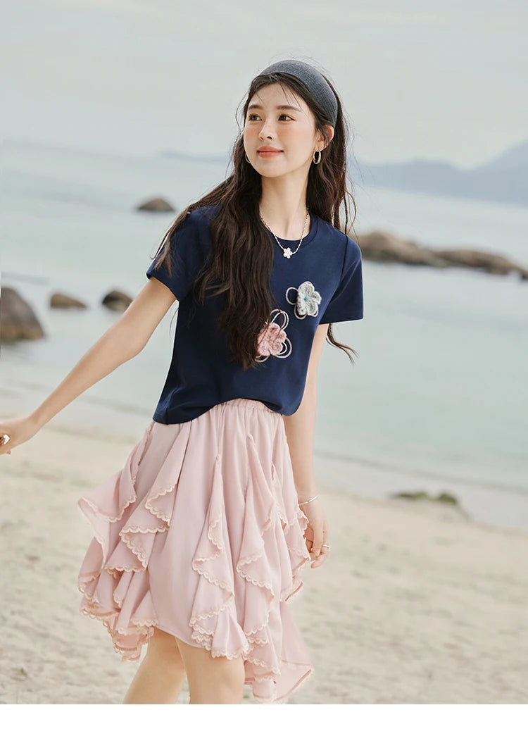 MISHOW Casual Summer Print T-shirts Women New 2025 Short Sleeve Round Neck Flower Beaded Shirts Female Fashion Tops MXE33T0499