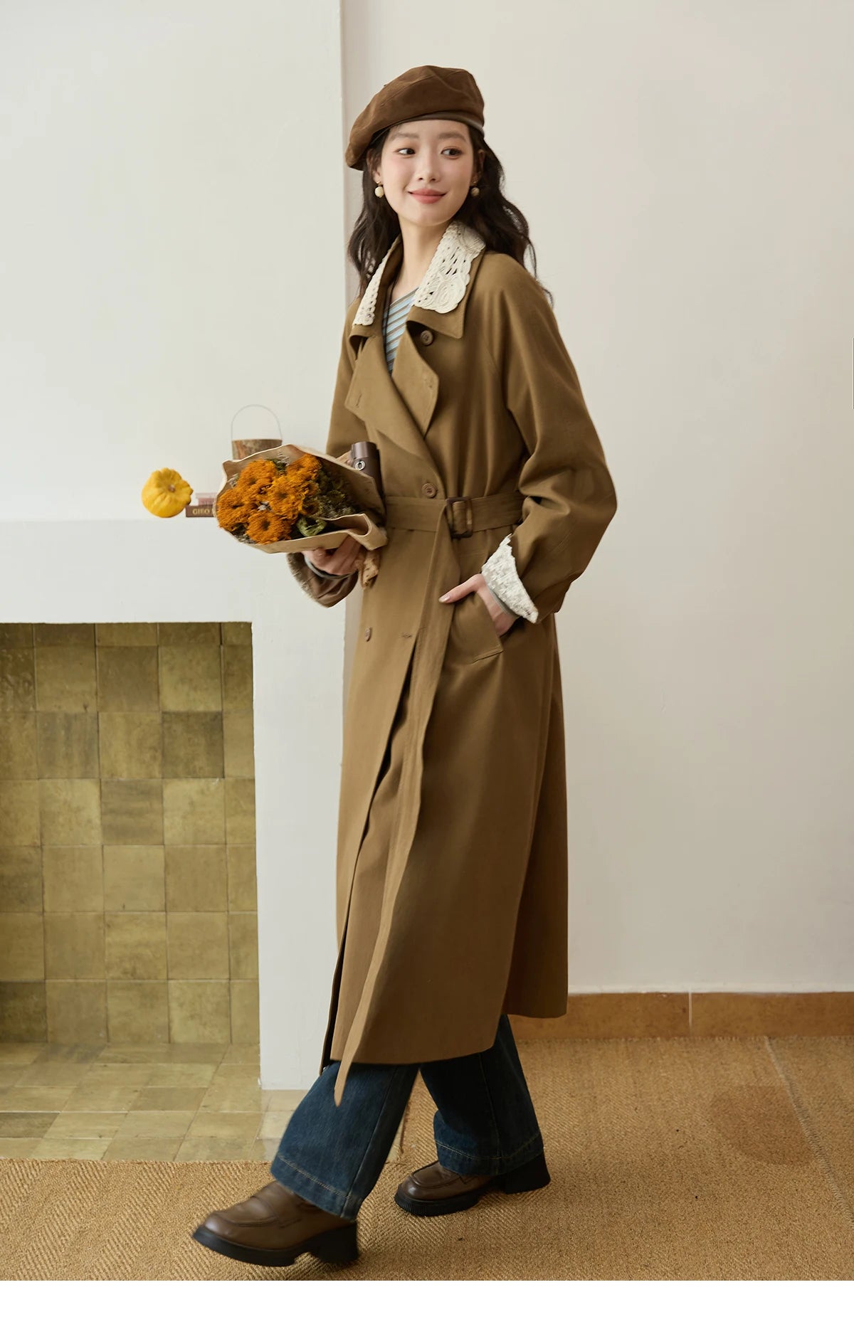 MISHOW Trench Coat Women 2025 Autumn Fashion Light Khaki Lace Long Windbreaker Jacket Long-sleeved Coat with Belt MXE45W0830